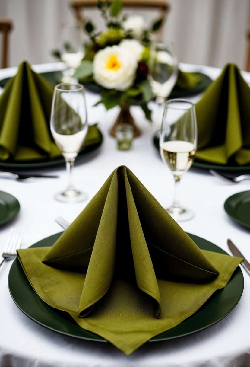A table set with olive green napkins, complementing army green wedding decor
