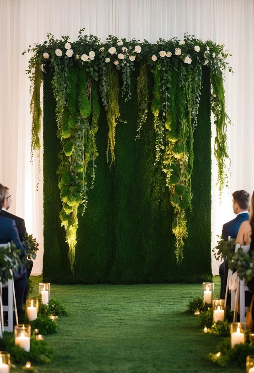A lush moss green ceremony backdrop with cascading vines and soft lighting