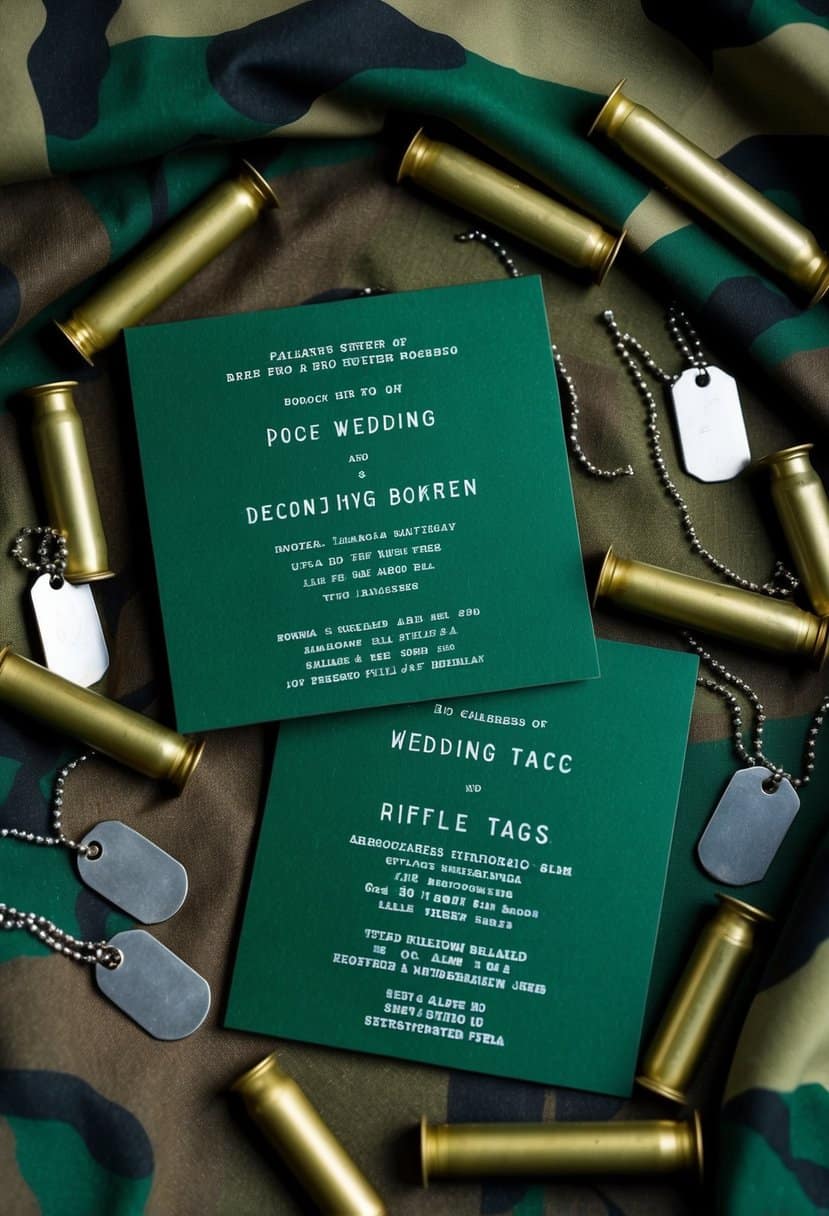 A pair of military green wedding invitations surrounded by camouflage fabric, dog tags, and rifle casings