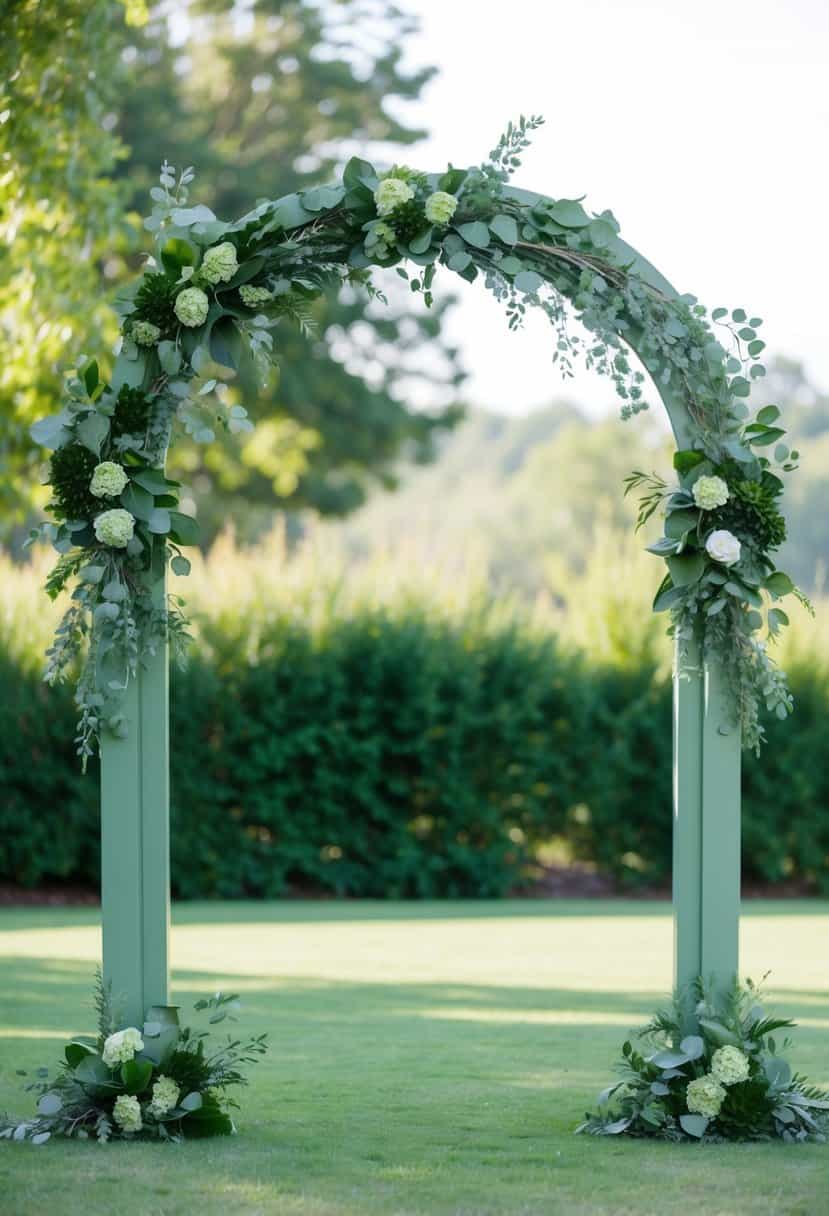 A sage green wedding arch adorned with army green flowers and foliage, set against a backdrop of lush greenery and soft sunlight