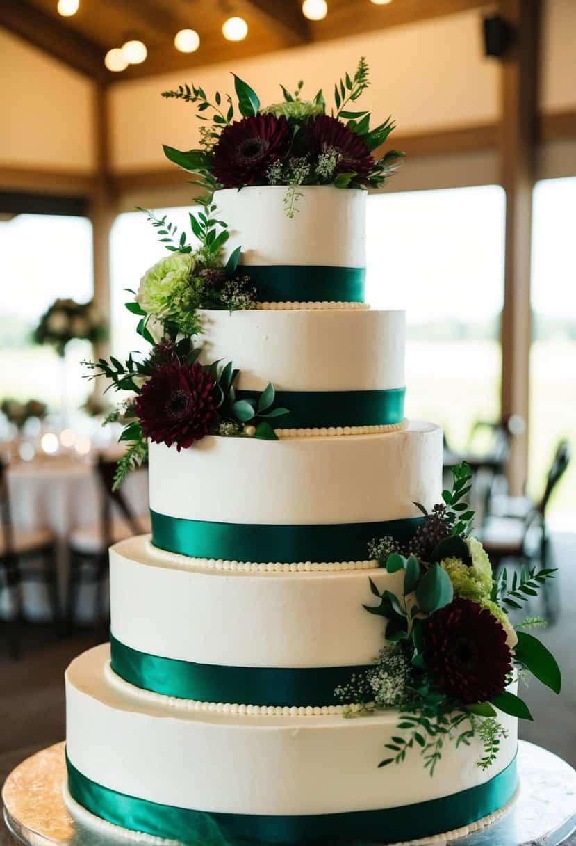 A tiered wedding cake adorned with hunter green floral decorations