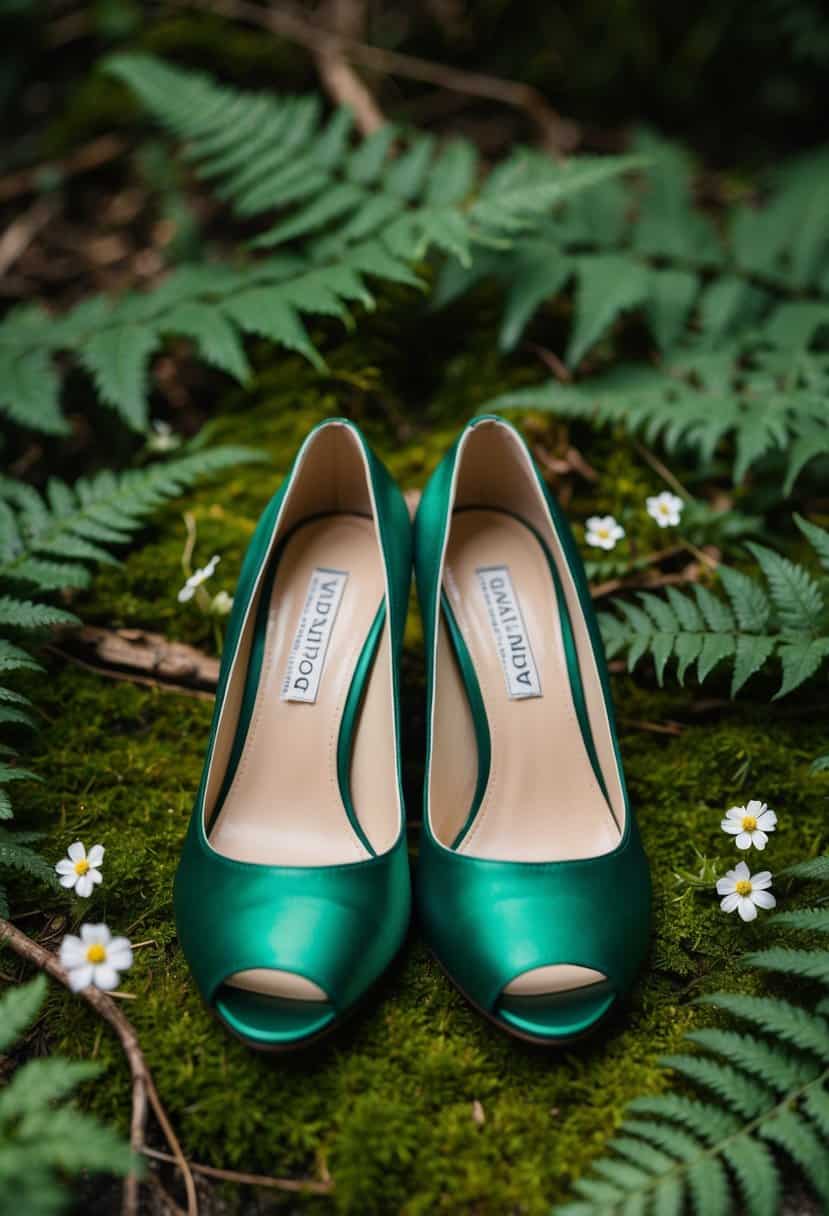 A pair of emerald green bridal shoes placed on a mossy woodland floor, surrounded by ferns and small white flowers
