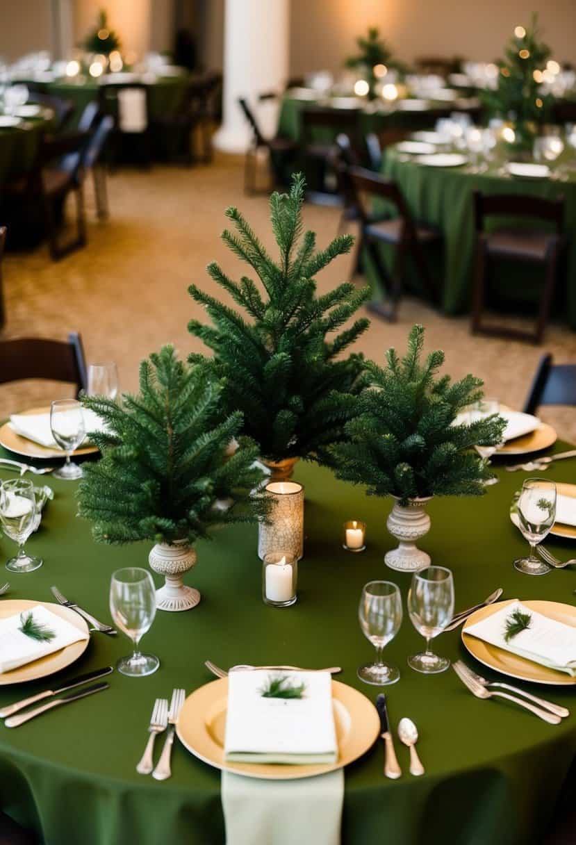 Pine green centerpieces arranged on army green tablecloths at a wedding reception