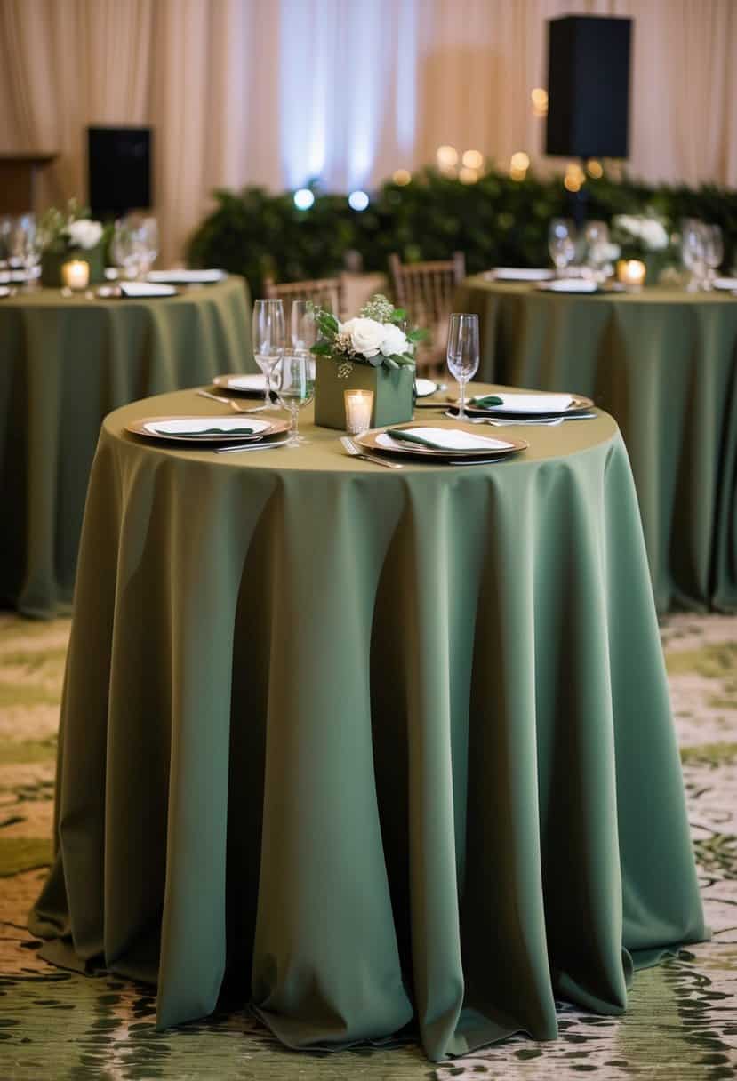 Khaki tablecloths draped over tables at a wedding reception, complemented by army green accents in the decor