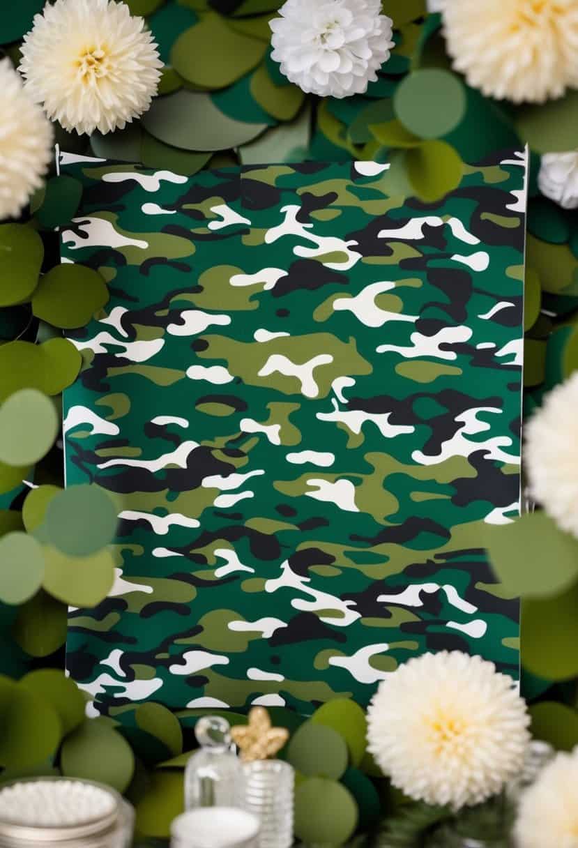A photo booth backdrop with army green camouflage print surrounded by wedding decor in the same color scheme