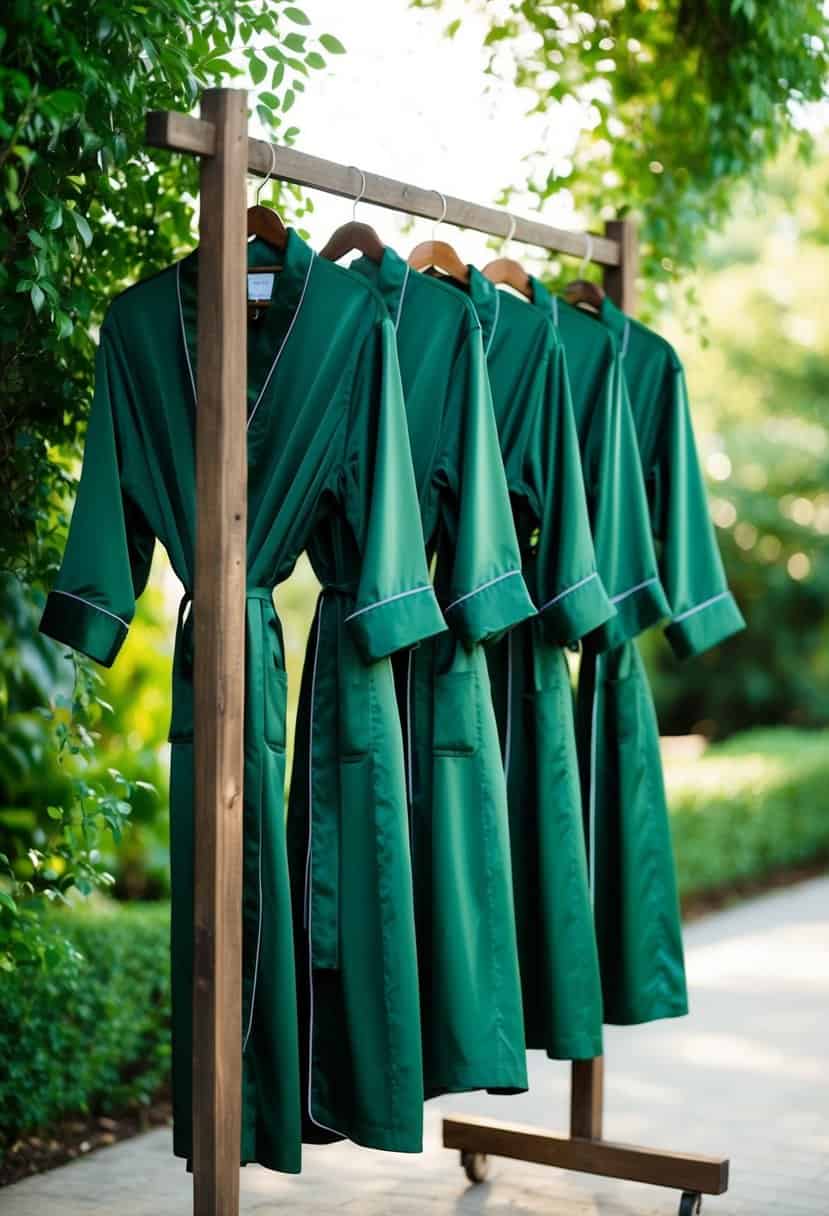 A row of army green bridesmaid robes hanging on a rustic wooden rack, surrounded by lush greenery and soft natural light