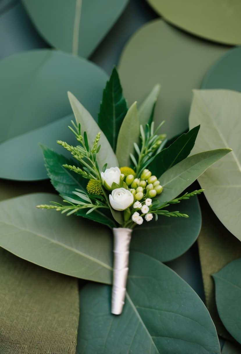 An elegant boutonniere made of olive green leaves and small flowers, set against a backdrop of army green wedding decor