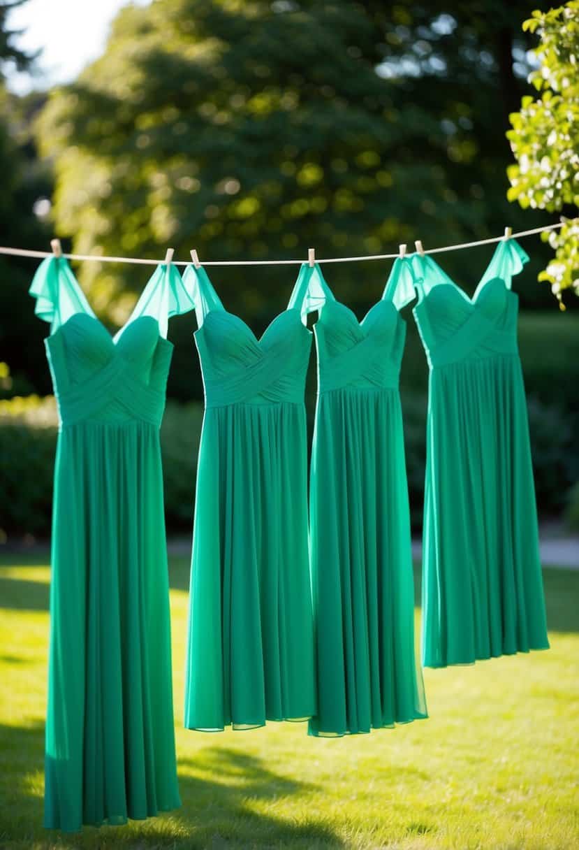 A group of emerald green bridesmaid dresses hanging on a clothesline in a sunlit garden