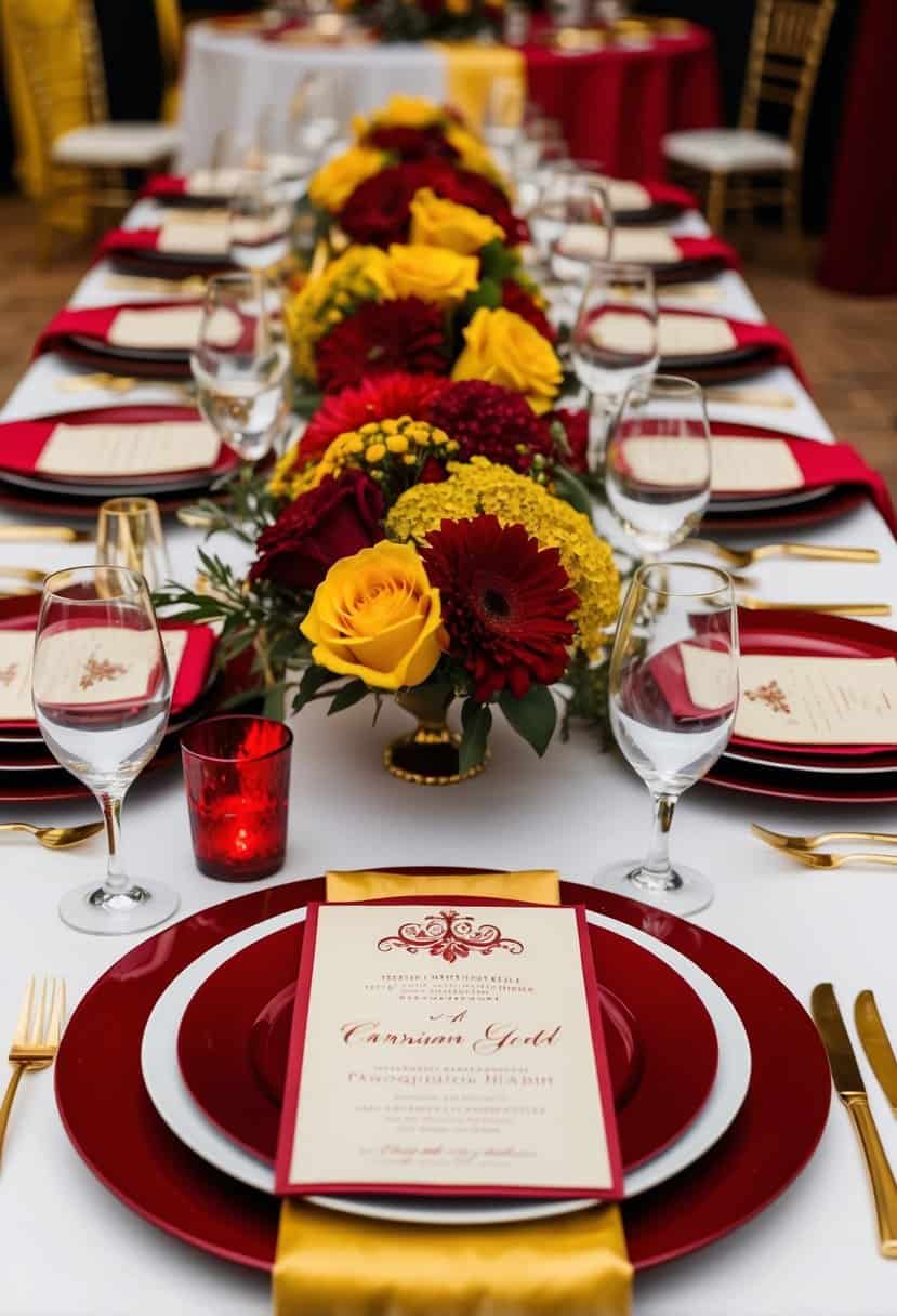 A table set with crimson and gold invitations, surrounded by red and yellow wedding decor