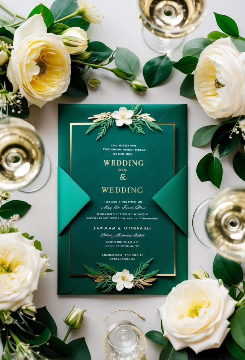 A lush emerald green and gold wedding invitation surrounded by elegant floral arrangements and sparkling champagne glasses