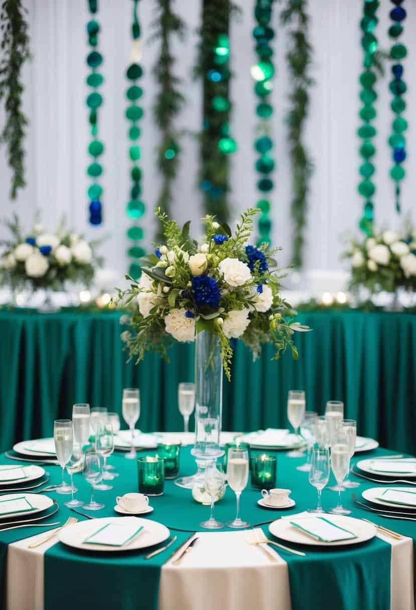A table adorned with sapphire-accented emerald centerpieces, set against a backdrop of emerald green wedding decor