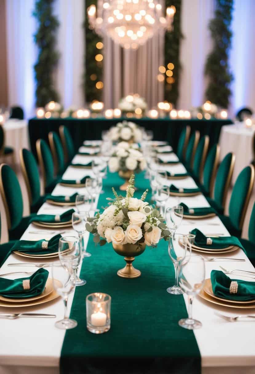 An elegant table set with emerald green velvet runners and matching decor for a luxurious wedding reception