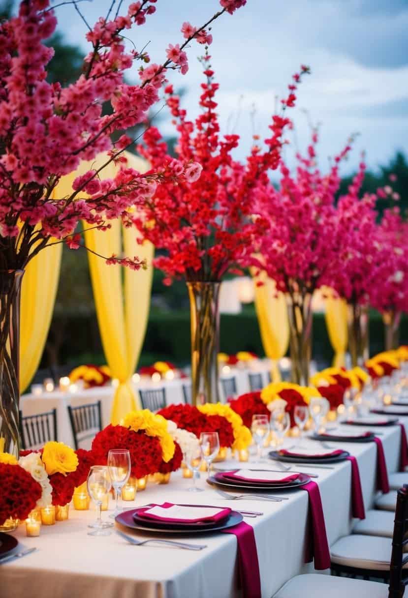A table adorned with cherry blossom floral centerpieces in red and yellow, creating a vibrant and elegant atmosphere for a wedding celebration
