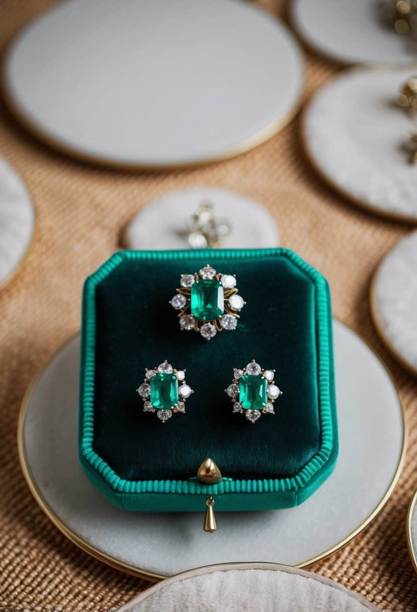 A vintage emerald green brooch and earrings displayed on a velvet cushion
