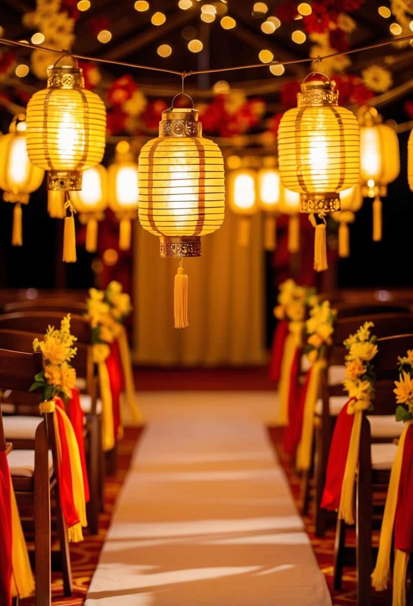 Golden lanterns hang from the aisle, casting a warm, red and yellow glow