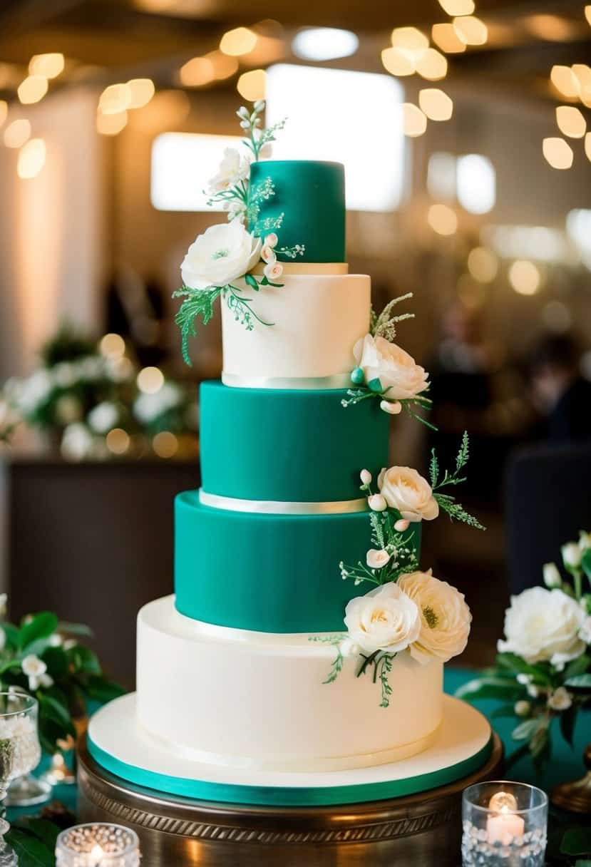 An emerald and ivory wedding cake adorned with delicate floral decorations