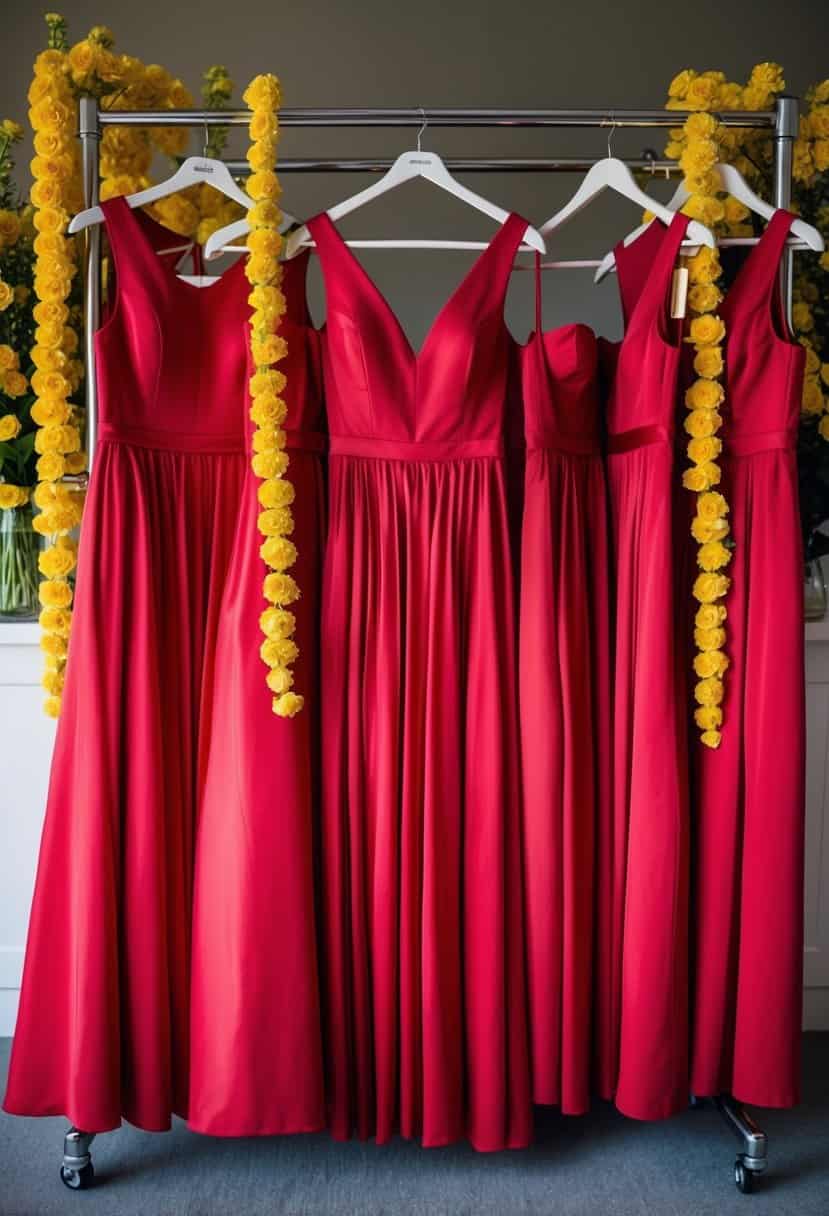 A group of bright red bridesmaid dresses hanging on a clothing rack, surrounded by yellow flowers and decor