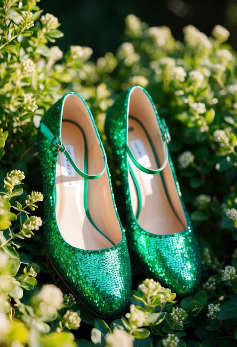 Emerald sequin bridal shoes surrounded by greenery and sparkling in soft sunlight