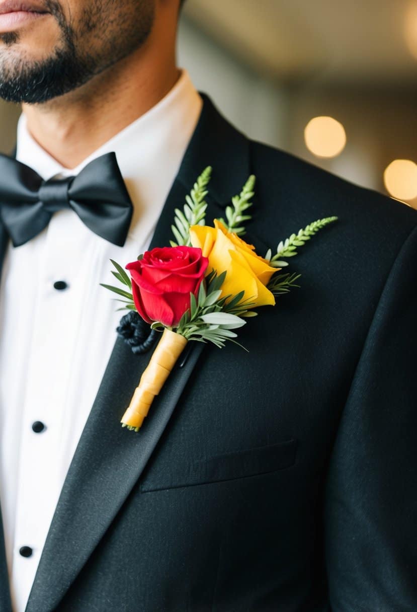 A yellow and red boutonniere pinned to a black tuxedo lapel