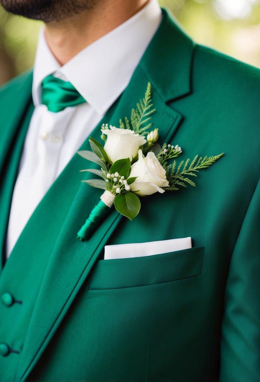 Emerald green boutonnières pinned to lapels at a wedding
