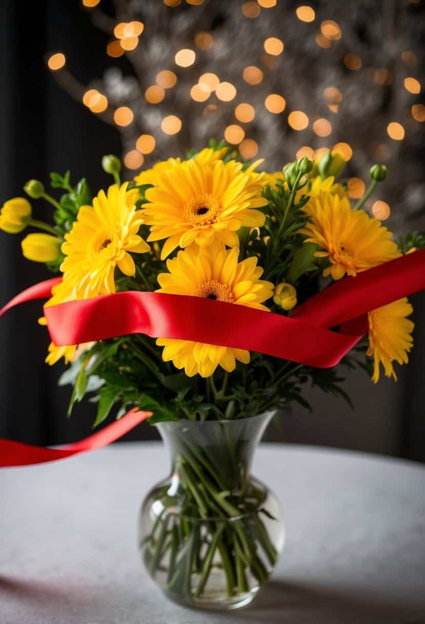 A red silk ribbon elegantly weaves through a bouquet of vibrant yellow flowers