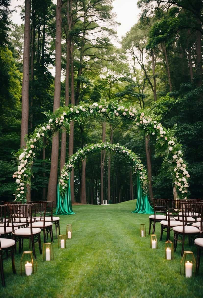 A lush forest with towering green wedding arches adorned in emerald green decor