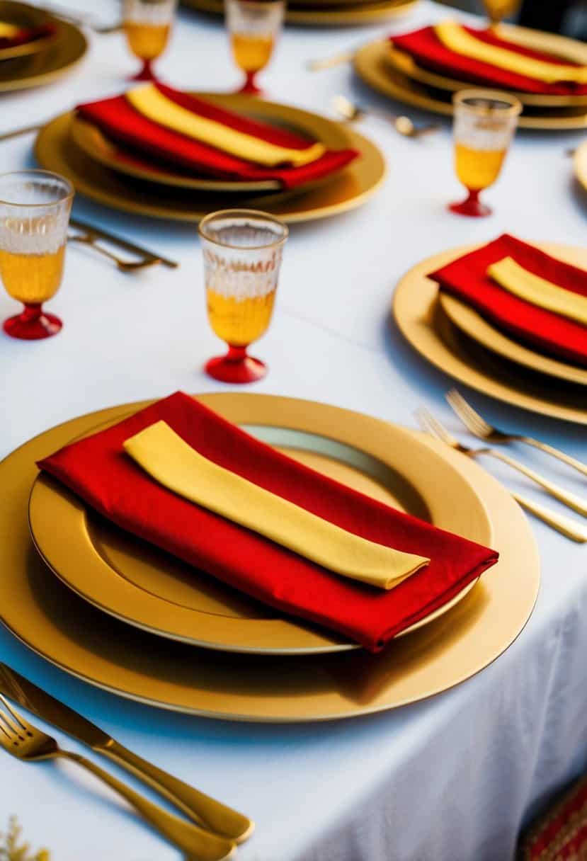 Golden charger plates with red and yellow accents arranged on a white tablecloth