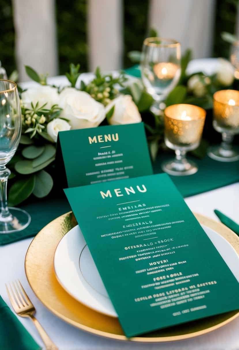 Emerald menu cards with gold foil arranged on a table with emerald green wedding decor