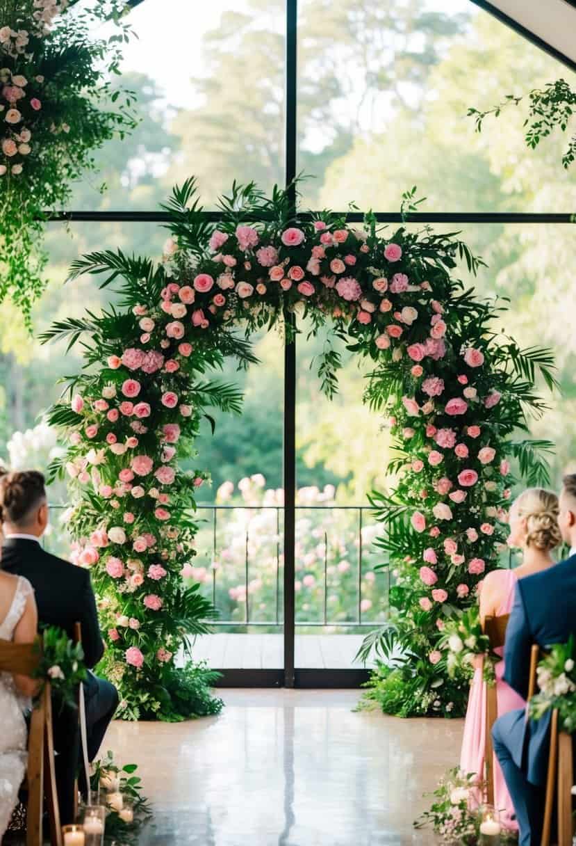 A black and pink floral arch stands as the centerpiece of a wedding ceremony, with vibrant blooms and foliage creating a romantic and elegant atmosphere