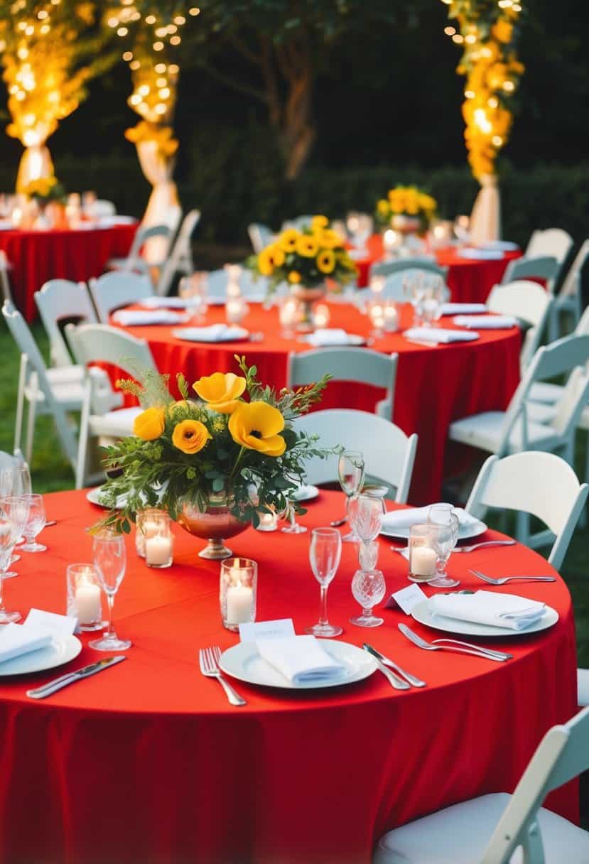 Poppy red tablecloths adorned with yellow flowers, set on tables at a wedding reception