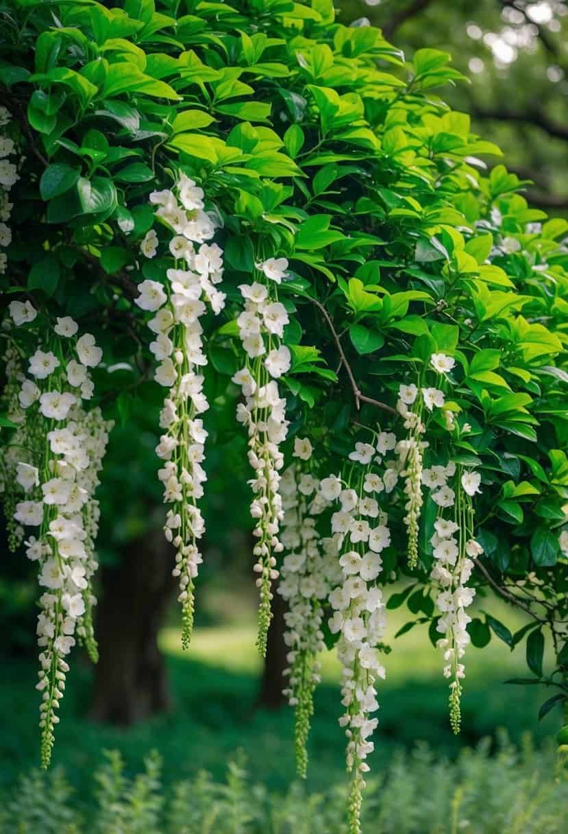 A verdant landscape with vibrant emerald green foliage and delicate white florals cascading from the trees