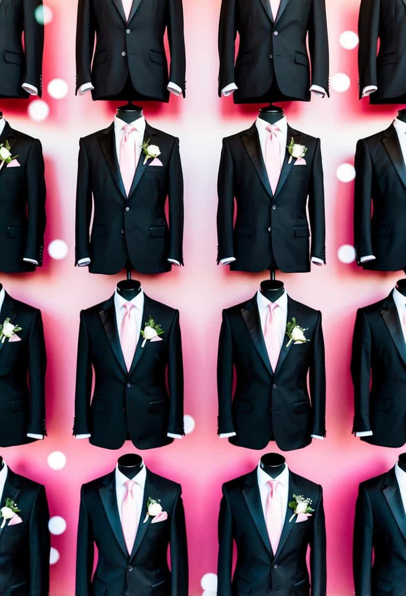 A group of black suits with pink ties arranged in a wedding color palette