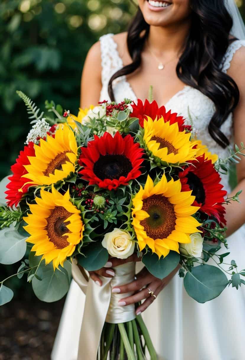 A vibrant bridal bouquet featuring red and yellow sunflowers, accented with greenery and tied with a satin ribbon