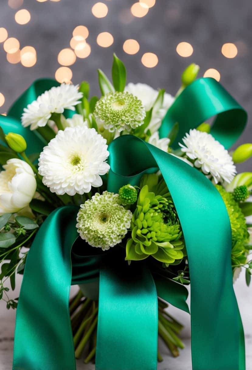 Emerald silk ribbons flowing through a bouquet of white and green flowers