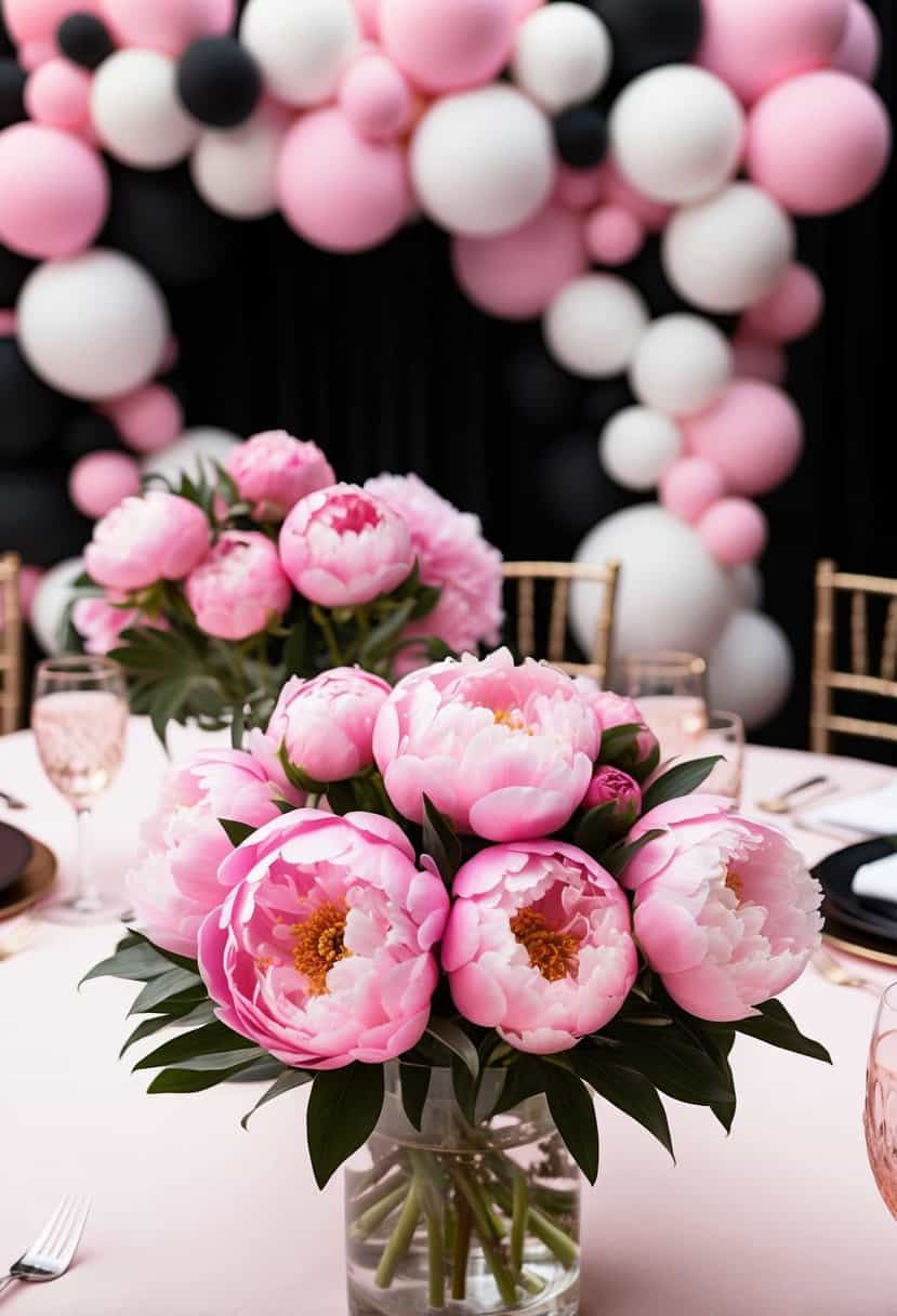 A table adorned with pink peony bouquets, set against a backdrop of black and pink wedding decor