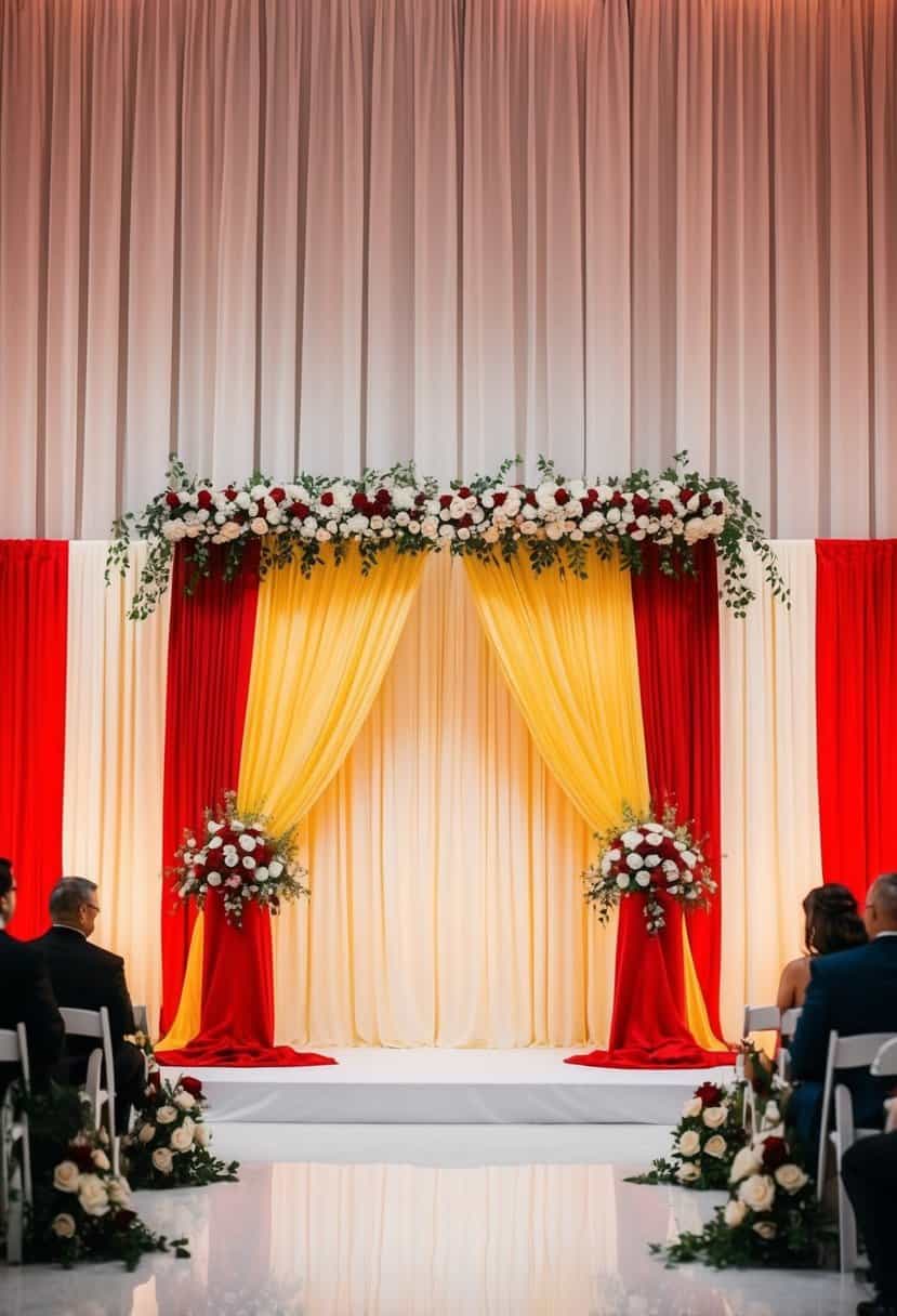 A grand red and yellow ceremony backdrop with flowing drapes and floral arrangements