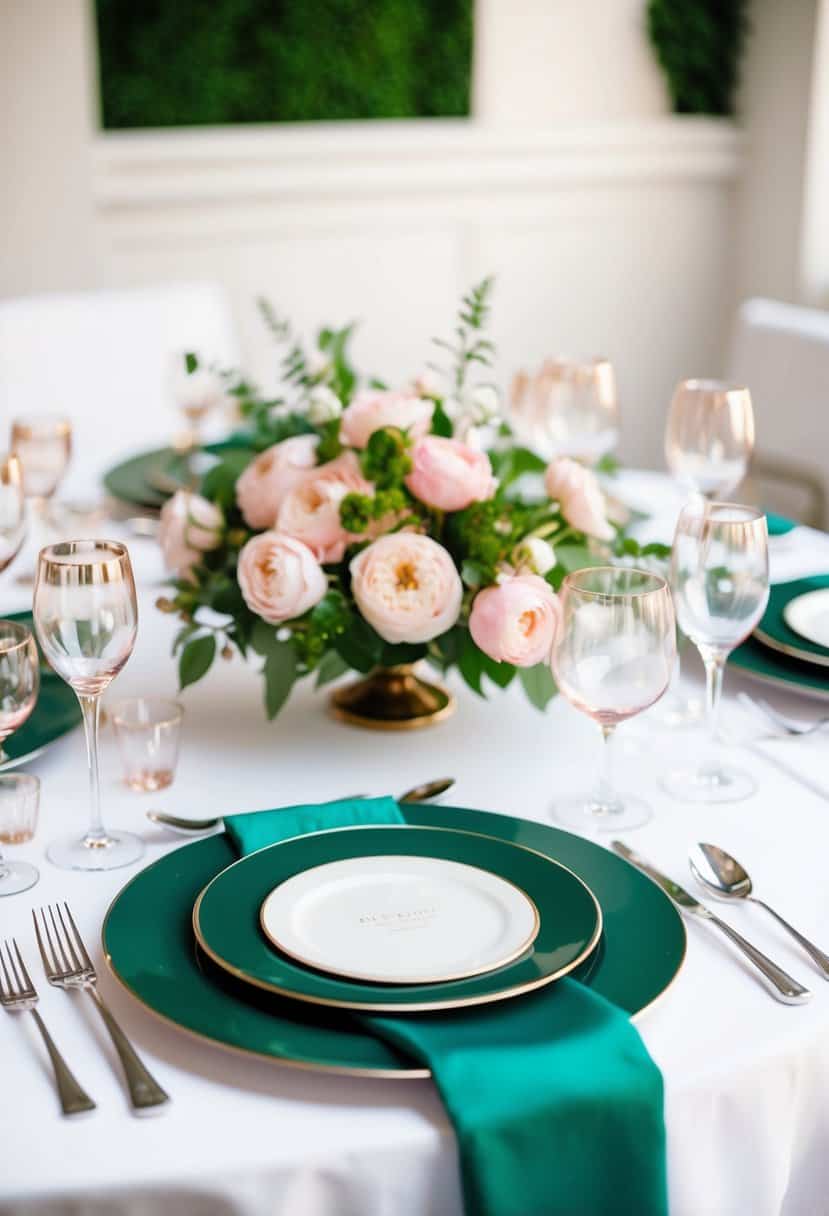 An elegant table setting with emerald green and blush accents. Silverware and glassware arranged on a white tablecloth