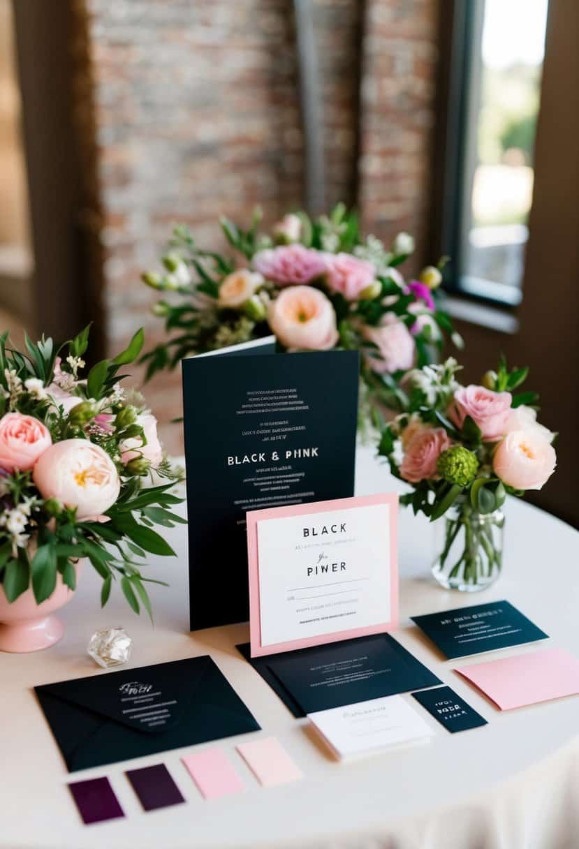 A black and pink invitation suite displayed on a table with coordinating wedding color swatches and floral arrangements