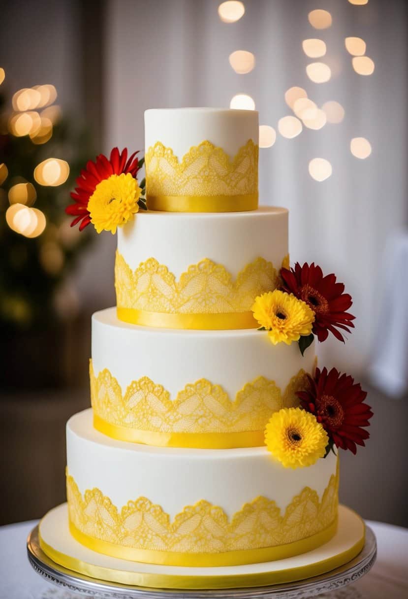 A three-tiered wedding cake adorned with yellow lace and accented with red and yellow flowers