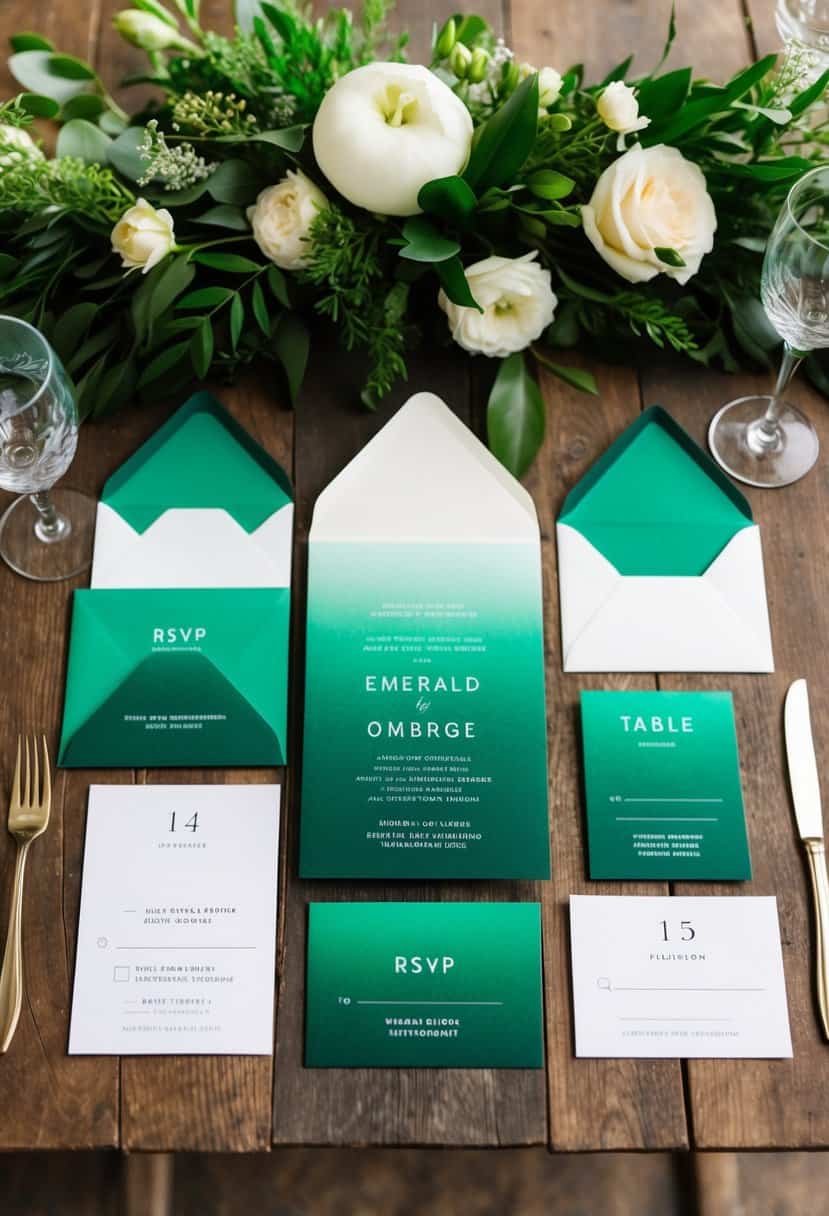 A lush emerald green ombre wedding invitation set with coordinating envelopes, RSVP cards, and table numbers arranged on a rustic wooden table