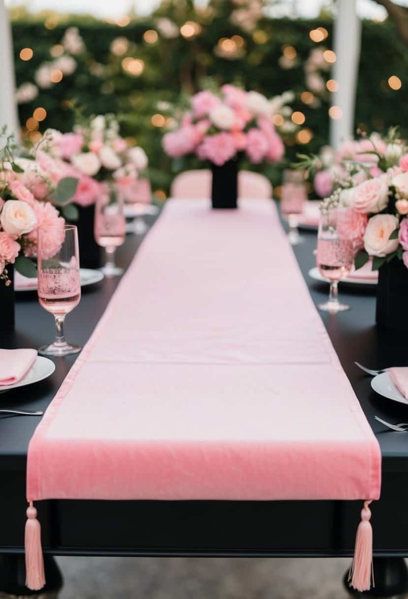 A pink velvet table runner lays across a black table, surrounded by pink floral centerpieces and black and pink wedding decor