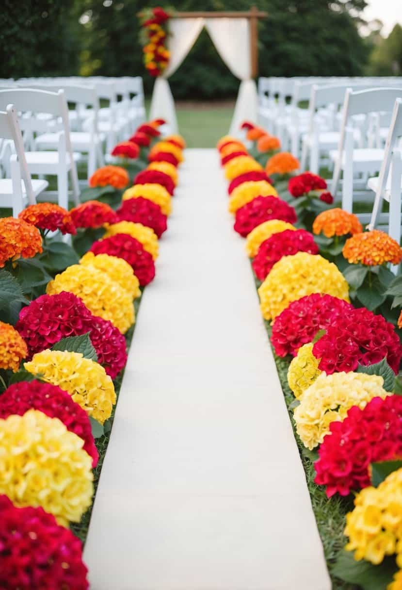Vibrant red and yellow fire hydrangeas line a wedding aisle