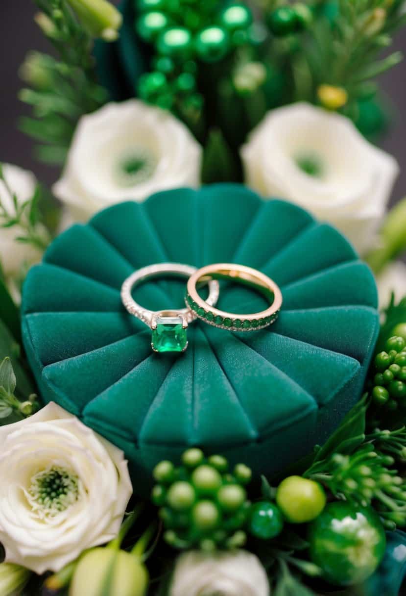 Two emerald wedding rings surrounded by emerald green floral arrangements and decor