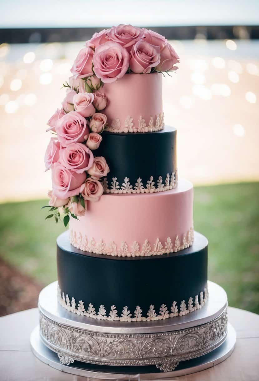 A three-tiered wedding cake with alternating black and pink layers, adorned with intricate floral designs and topped with cascading pink roses