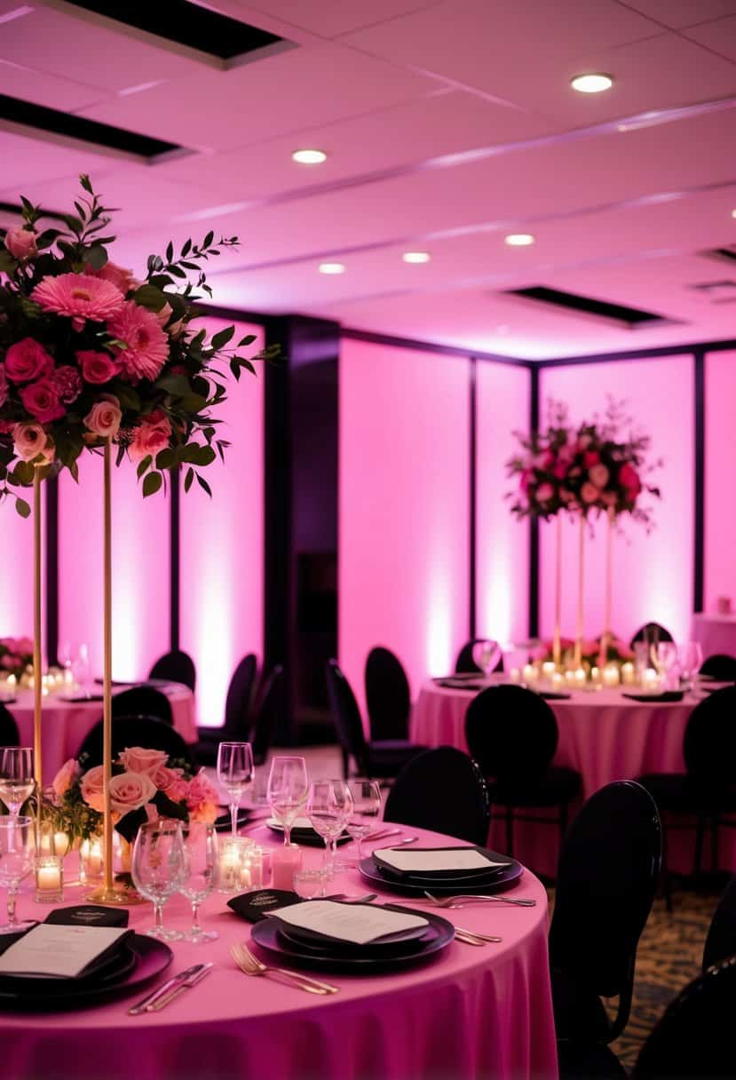Pink uplit room with black accents, featuring pink and black wedding decor such as flowers, table settings, and lighting