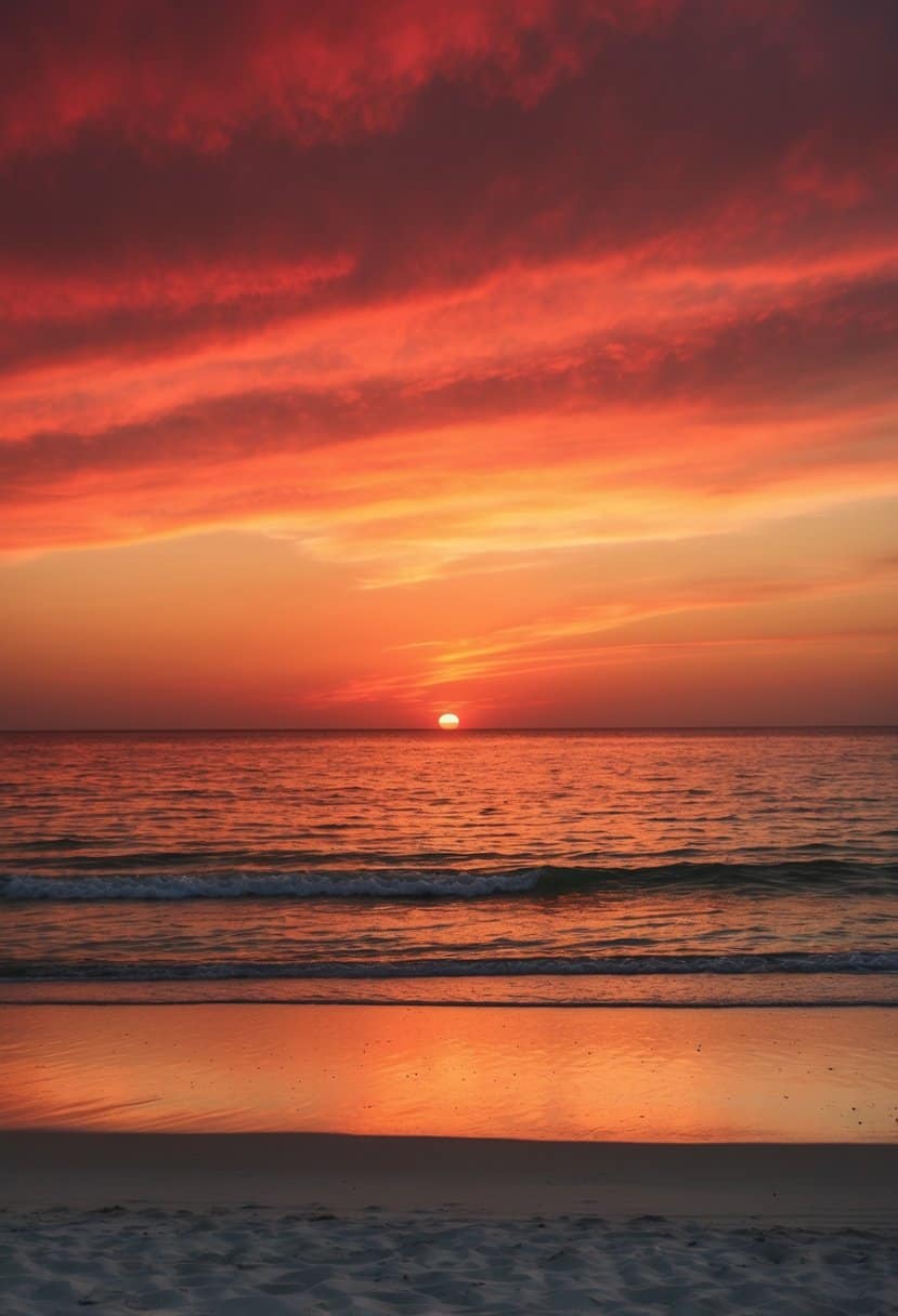 A serene beach at sunset, with the sky fading from fiery red to golden yellow, casting a warm ombre glow over the ocean and sand