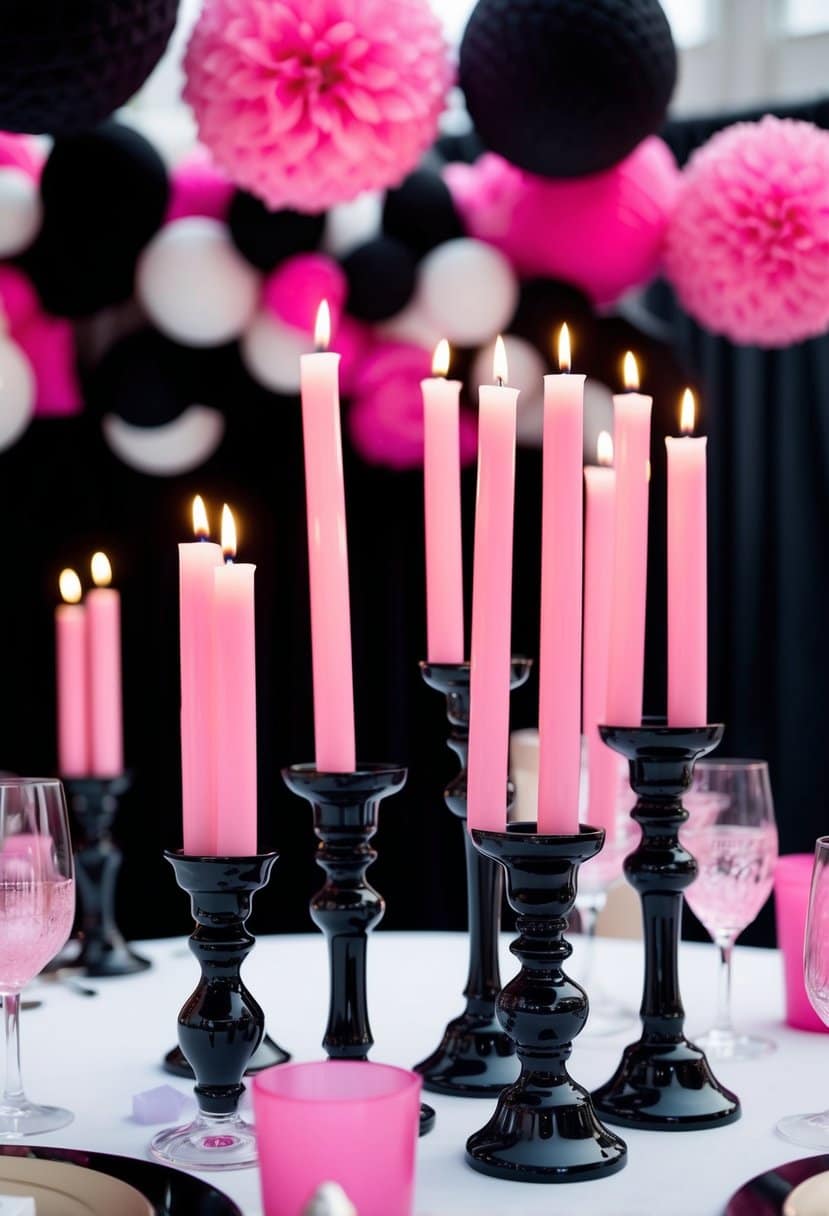 Black candle holders with pink candles arranged on a table, surrounded by black and pink wedding decor