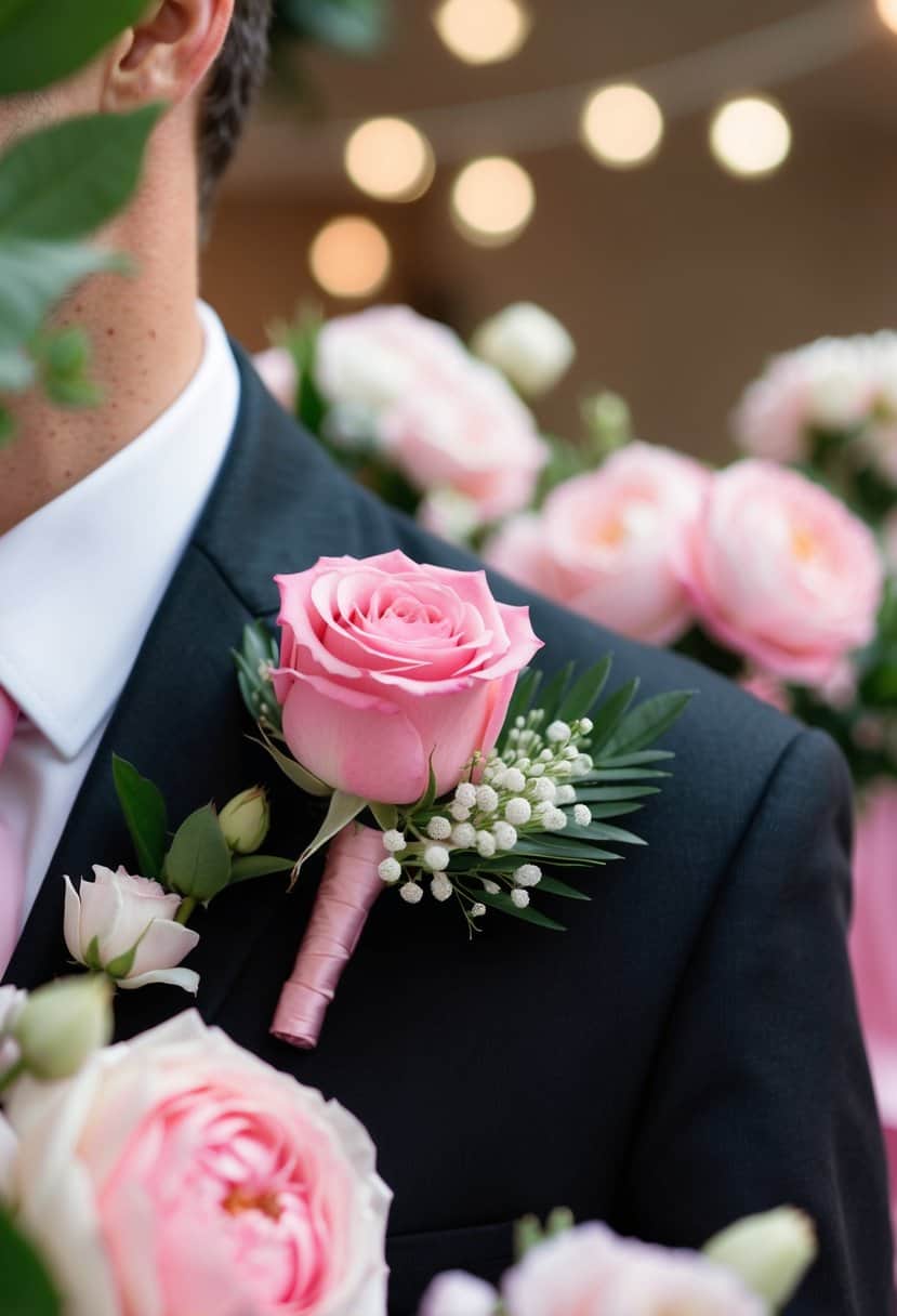 A pink rose boutonniere pinned to a black lapel, surrounded by pink wedding decor and floral arrangements