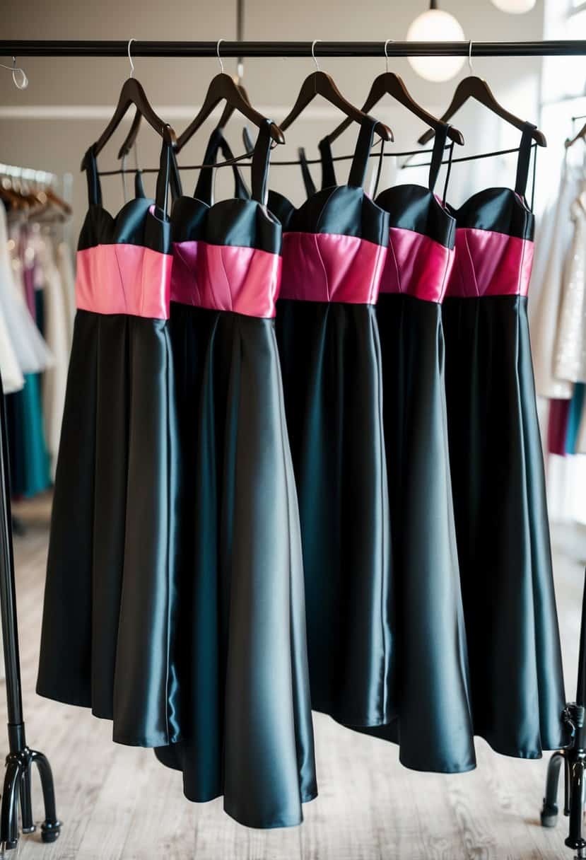 A group of bridesmaid dresses in black satin, accented with touches of pink, hanging on a clothing rack