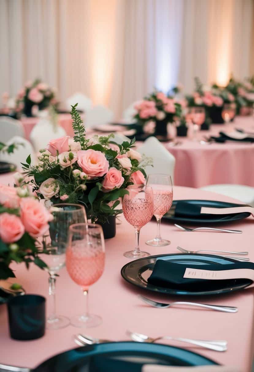 A table set with pink and black centerpieces, showcasing elegant wedding color ideas